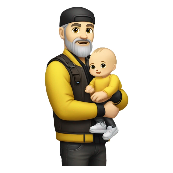 White-skinned slavic man with stubble, gray beard, brown hair, black eyes, black Reebok cap, leather jacket, holding infant slavic baby girl in yellow dress with yellow bow. sticker