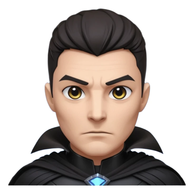 dark sci-fi villain portrait, head and shoulders only, black armor, cape collar, intense eyes, dramatic lighting, 3D cartoon, mobile game icon, clean background, no text
 sticker