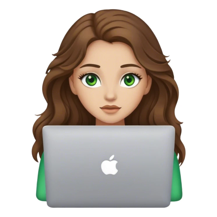 chica de ojos verdes con pelo marrón largo y ondulado, usando una  macbook sticker