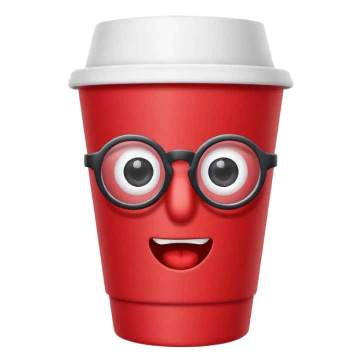 paper red cup and straw, the cup has eyes and mouth and glassess sticker