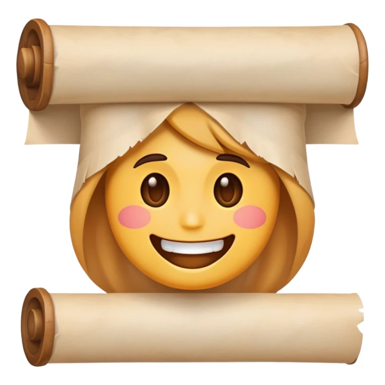 smiling emoji face with a parchment scroll held in teeth, anime-inspired sticker