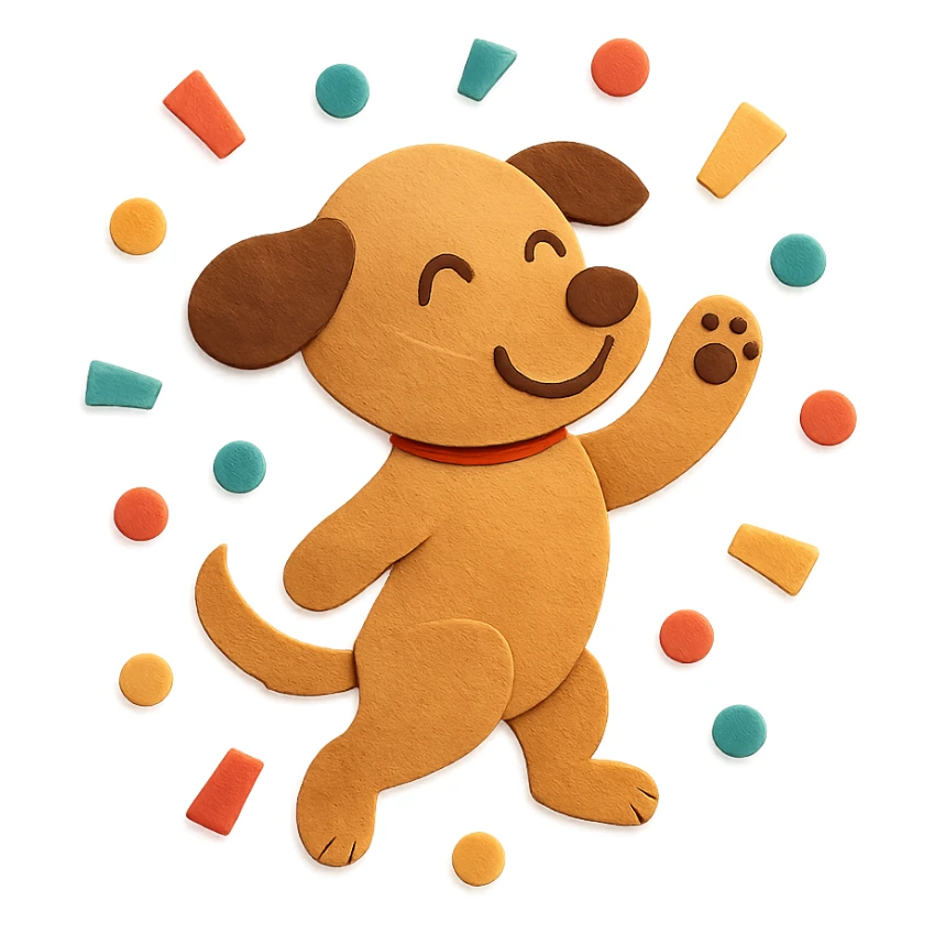 puppy jumping in confetti with paw up, paper-craft style sticker