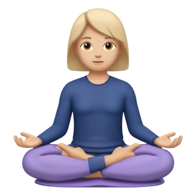 Modern premium 3D emoji icon: faceless gender-neutral meditator sitting cross-legged, smooth rounded shapes, matte + subtle gloss, top-left studio light, soft shadow, faint halo aura, navy outfit with lavender accent, centered, transparent background, no text sticker