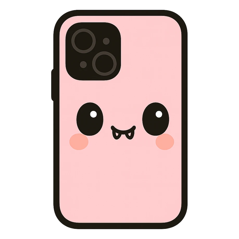 Remove any purse or purse-matching elements. Focus only on a pink and black gothic phone case in kawaii style with big eyes, cute fangs, playful, cartoonish. No purse references. No background. sticker