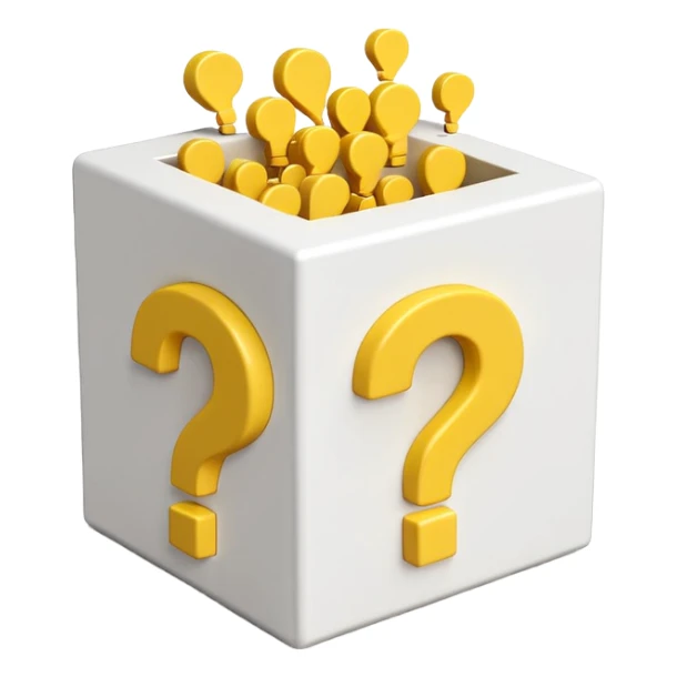 white cube shaped box printed with "q&a" over stuffed with yellow question marks sticker
