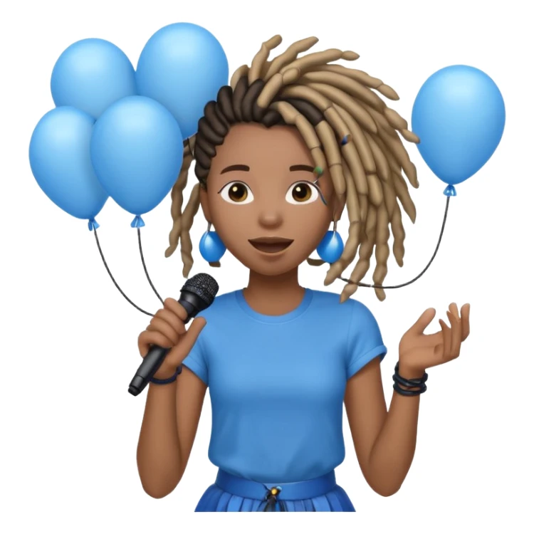 Black girl Stud with dreadlocks singing 1,2,3 release em with white and blue balloons flying overhead emoji like with mic in hand  sticker
