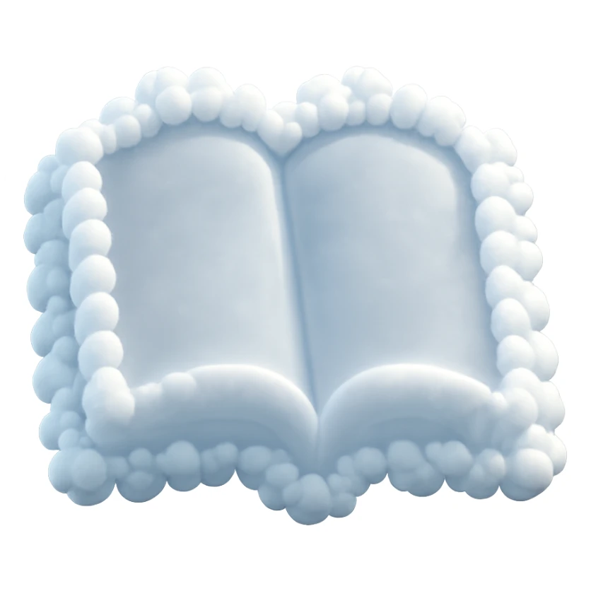 top view of a thick open book made entirely of small, very bright white fluffy convex clouds, matte glass style sticker