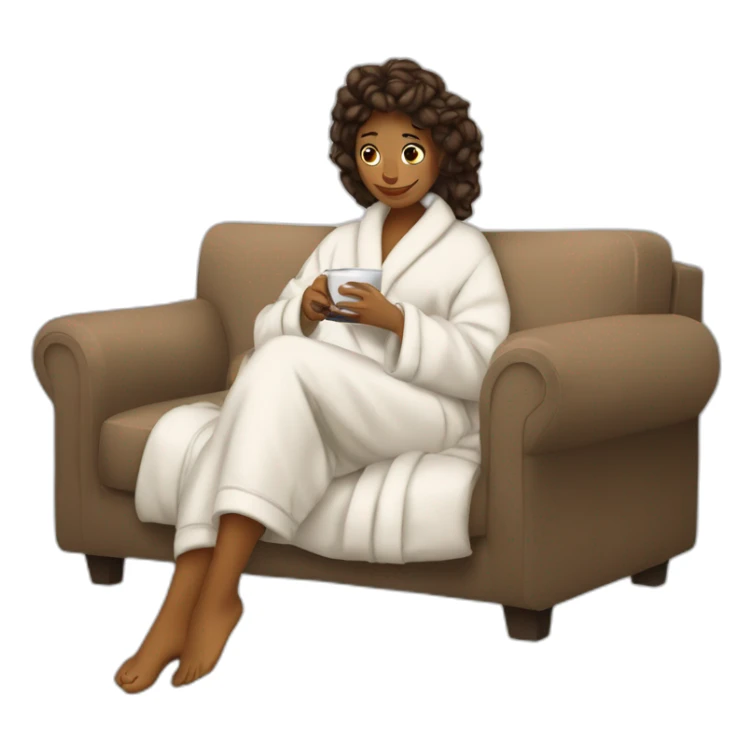 Woman on couch in bathrobe and slippers curling up clutching a coffee sticker