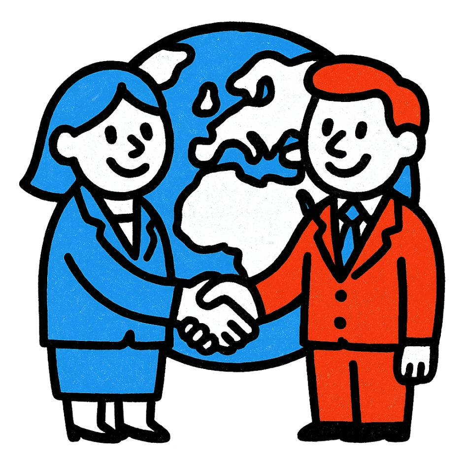 A lively icon of two businesspeople shaking hands over a world map, using only colors #1E90FF, #F13816, and #FFFFFF sticker