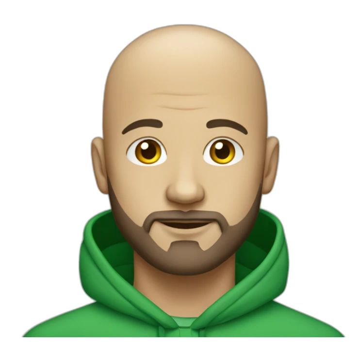 A bald man with a beard and a green hoodie sticker
