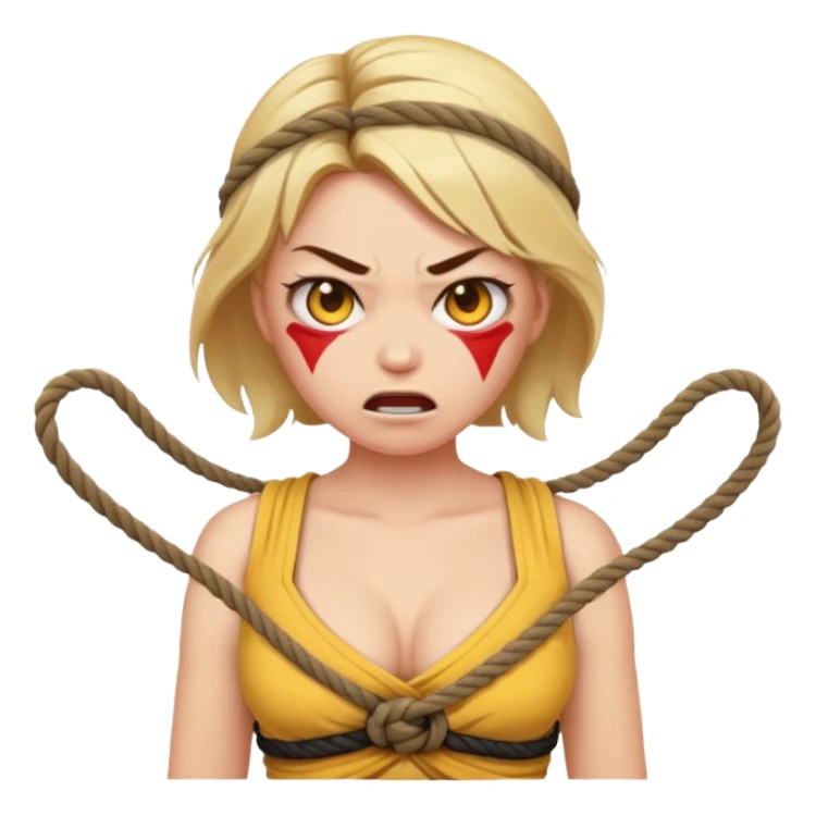 woman bound with rope around her chest, angry face, emoji style sticker