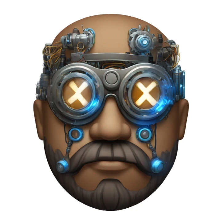Bearded Fat bald cyborg head with brown skin, blue steampunk goggles and circuits sticker
