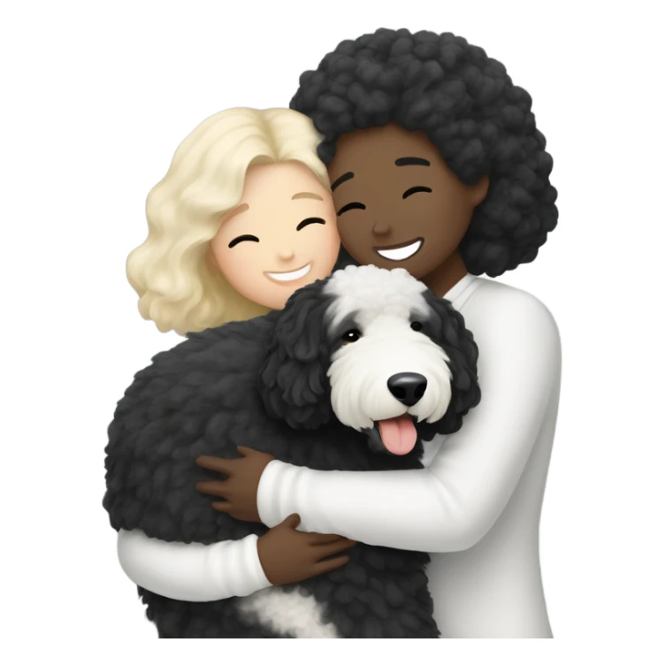 black-short hair-sheepadoodle-having-a-really-big-cuddle-with-white-lady-with-blonde-long-hair sticker