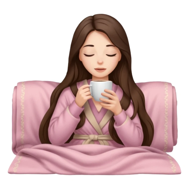 Brunette long hair lady inside a beige and light pink blanket sipping coffe with eyes closed  sticker