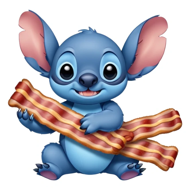 Stitch character holding a bacon strip sticker