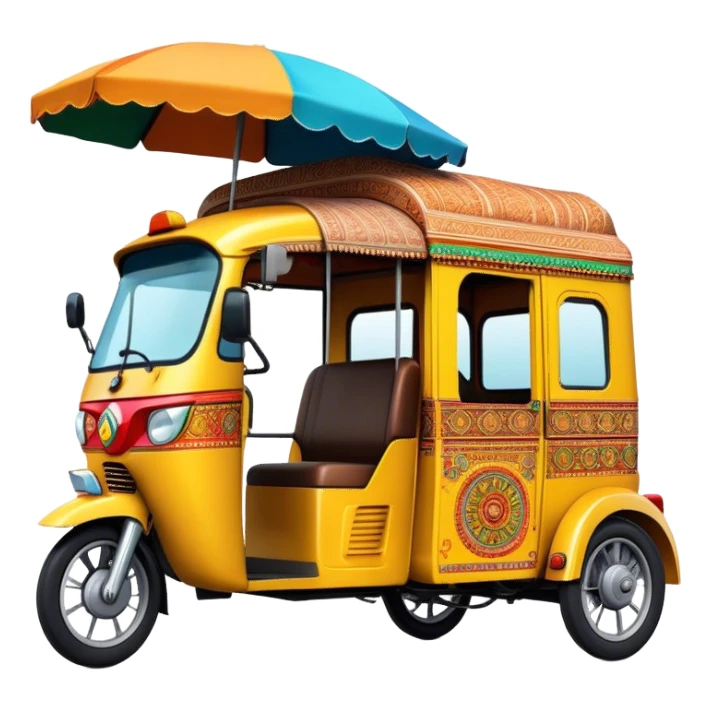 Cinematic Realistic Indian Auto Rickshaw Emoji, depicted as a colorful, bustling auto rickshaw with intricate designs and vibrant hues, rendered with lively textures and dynamic urban lighting that captures its quintessential presence in Indian cities. sticker