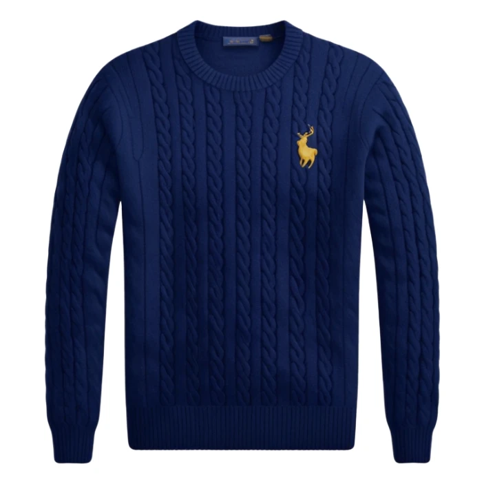 Ralph Lauren sweater, classic cable knit, navy blue, small polo logo sticker