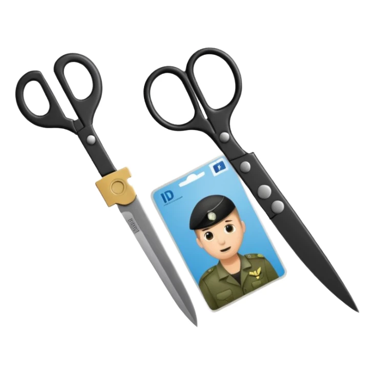 Floating black Scissors cutting in half an idf soldier ID card with a little chip in 2 parts sticker