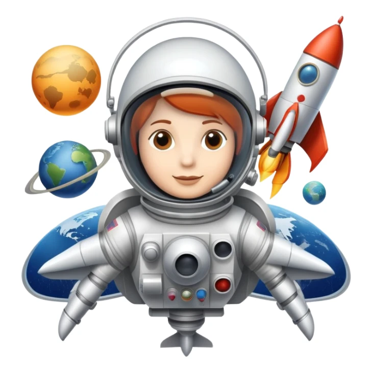 An icon featuring a rocket, a satellite, and an space helmet, symbolizing aerospace technology. The design includes a spaceship, control panels, and orbiting satellites, representing space exploration and aircraft engineering. Transparent background highlights the innovation in aeronautic sticker