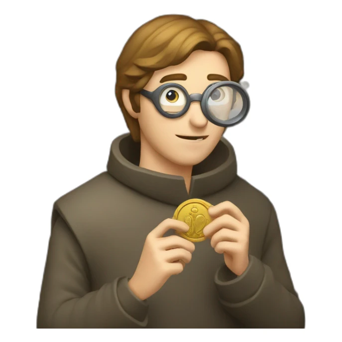 medieval coin collector, looking at a coin with a magnifying lense sticker