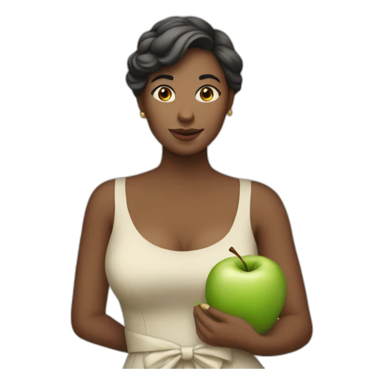 woman in dress holding apple sticker