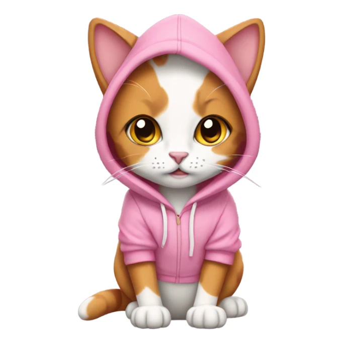 A calico cat wearing a pink hoodie sticker