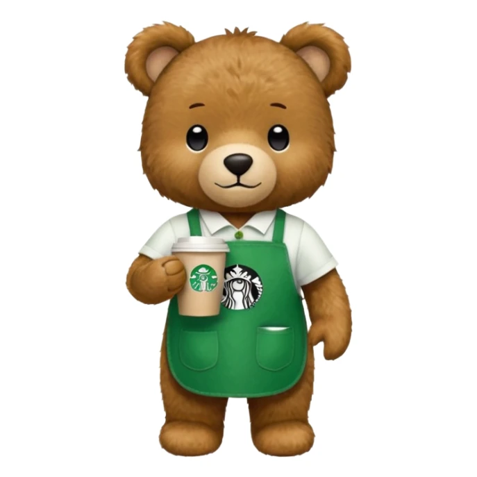 teddy bear wearing green apron with one cup of starbucks coffee sticker