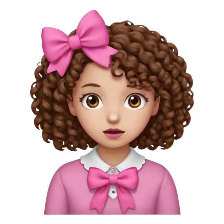 Curly hair girl, Pleading Face emoji, using pink bow sticker