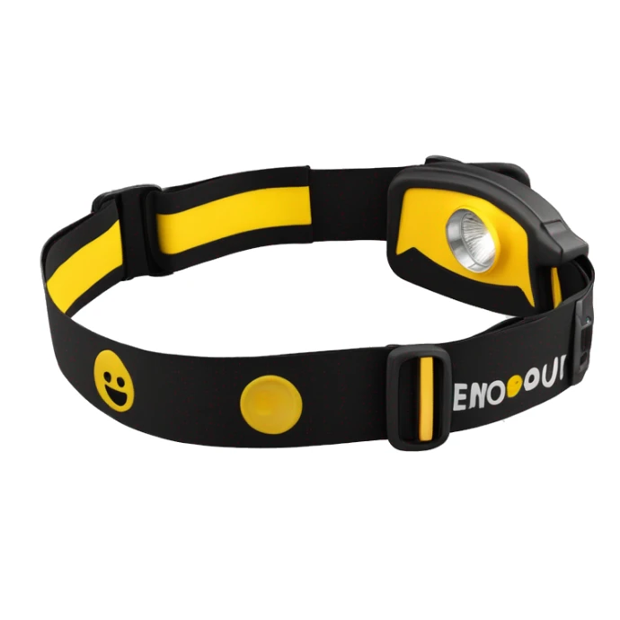 Sleek LED headlamp with 230° illumination, black with yellow accents, adjustable strap, and a slim, curved design. Shown on a neutral background. sticker