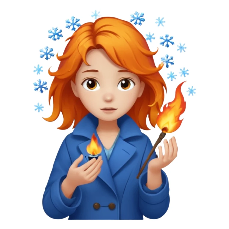 A barefoot girl in a tattered blue coat, cupping a tiny flame gently while snowflakes fall on her hair.
 sticker