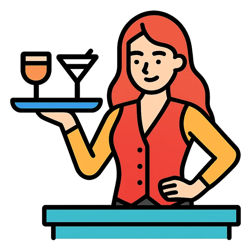 icon of a stylish barmaid with long hair, serving drinks, confident pose, trendy icon design, color outlined sticker