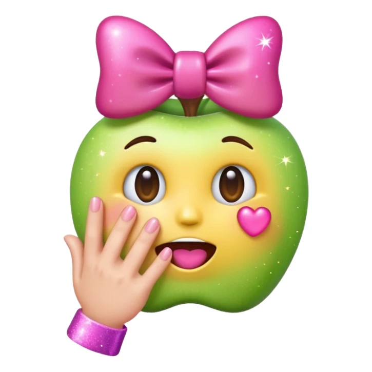 emoji combining pleading face, hand over mouth, pink bow, and sparkles in Apple emoji style, glossy, rounded, simple, expressive, smooth gradients, soft shadows, clean minimal look, shiny 3D-like finish, clear bold features, vibrant, subtle gloss effect sticker