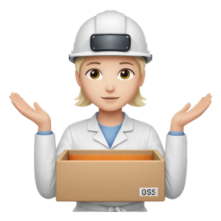 Tengo que dar una capacitacion de orgonomia, necesito un emoji de un operario con casco blanco y delantal blanco de manga larga que levante una caja cerrada con las dos manos a la altura de los hombros. Que tenga un delantal de laboratorio no de coina  sticker