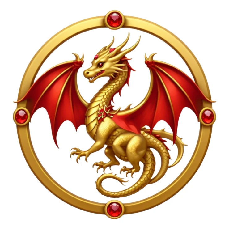 Golden dragon with wings crest / brosch in a circle with red gems and no background sticker