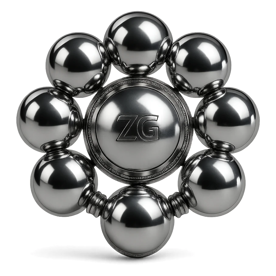 group of chrome spheres linked in a circular pattern around a central sphere, highly reflective and metallic, no background sticker