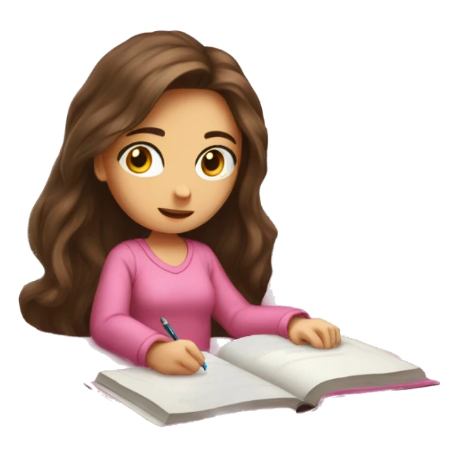 brunette long hair, girl in pink bed, studying  sticker