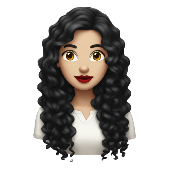 White girl, with long curly black hair, with red lipstick sticker