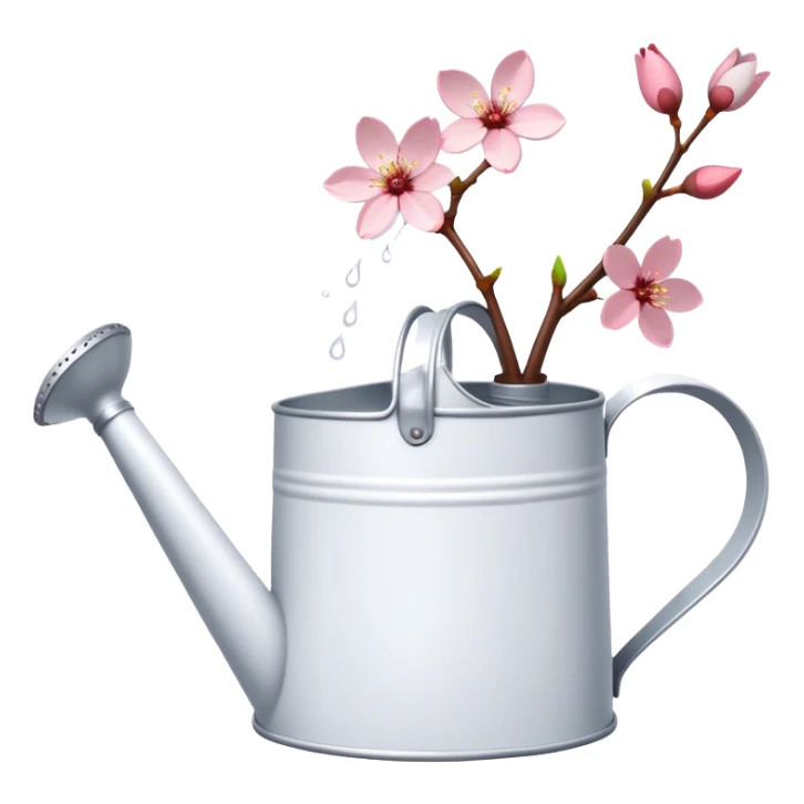White garden watering can with a cherry blossom poured out sticker