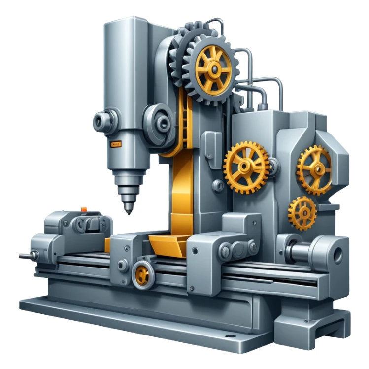 An icon featuring a giant machine tool in a factory, manufacturing machines. The design includes gears, mechanical parts, and a production line, representing the art of mechanical engineering and industrial design. Transparent background highlights precision engineering and manufacturing processes. sticker