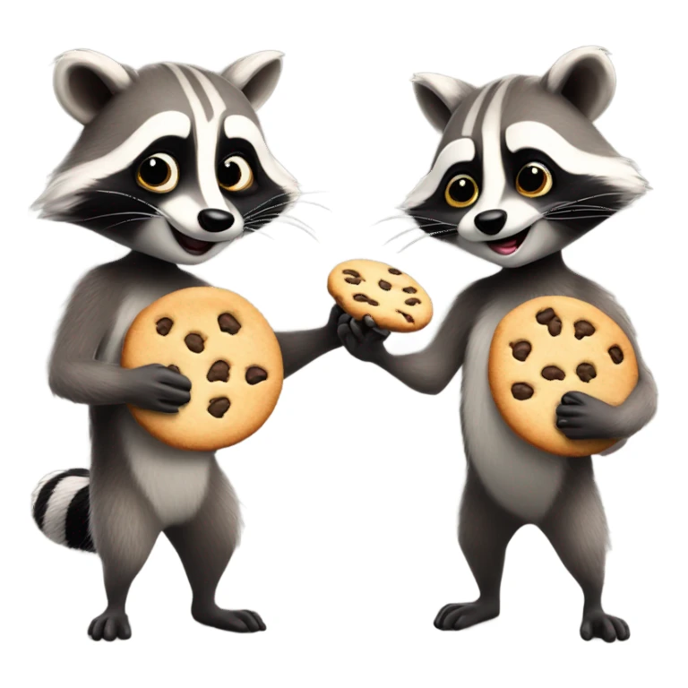 Two raccoons, one has a cookie and the other one does not have a cookie sticker