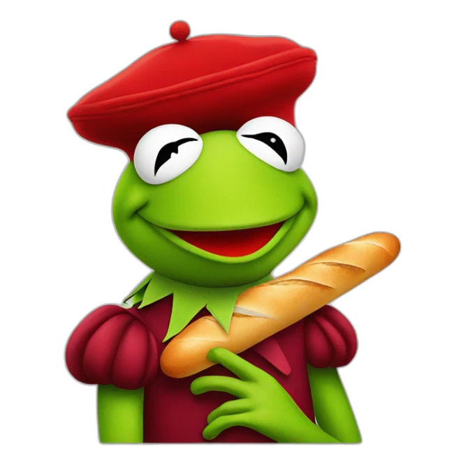 kermit the frog with a red beret and a baguette sticker