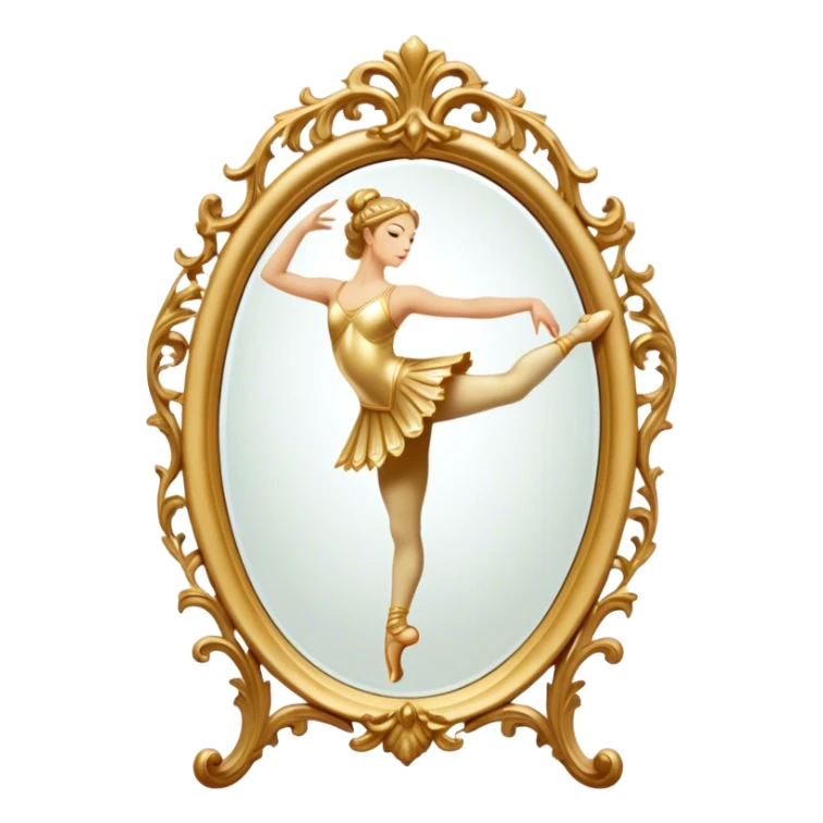 Cinematic Realistic Mirror, a large, ornate mirror reflecting a dancer’s poised silhouette, soft golden light creating depth, slight smudges on the glass adding realism, glowing with a timeless and artistic presence. sticker
