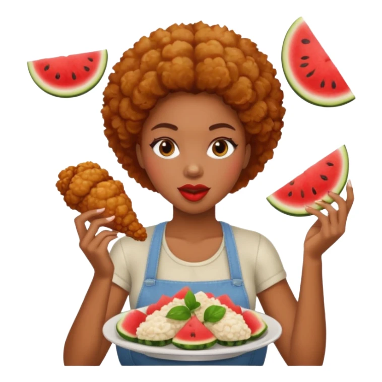 A black woman eating fried chicken and watermelon sticker