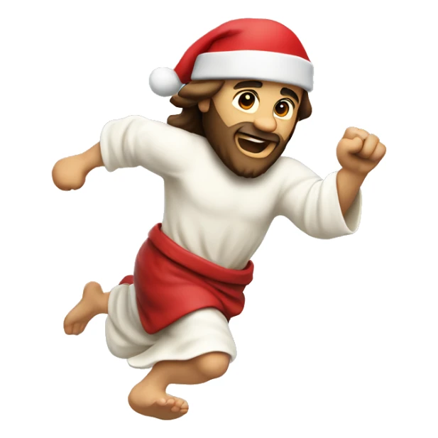 Jesus sprinting, with a large stride and arms outstretched, santa hat sticker