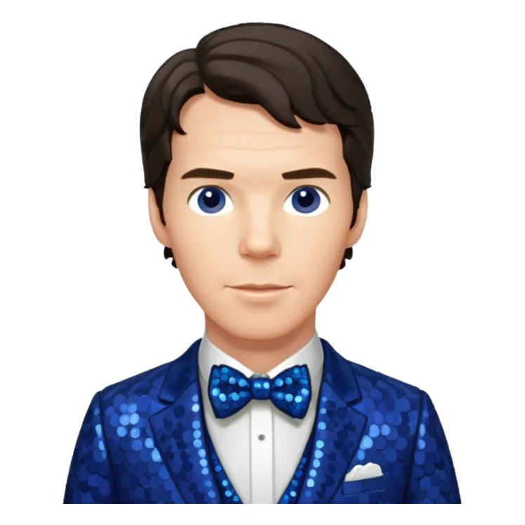 Benedict Cumberbatch with dark brown hair, indigo sequin suit with bow tie sticker