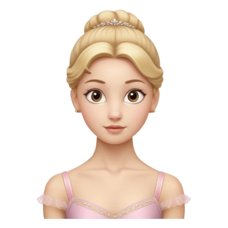 Cinematic Realistic Ballerina Portrait, depicted with lifelike skin texture, subtle rosy undertones, and soft natural lighting that enhances the gentle contours of her face. Her intricately detailed golden blonde hair is elegantly styled in an updo, sticker