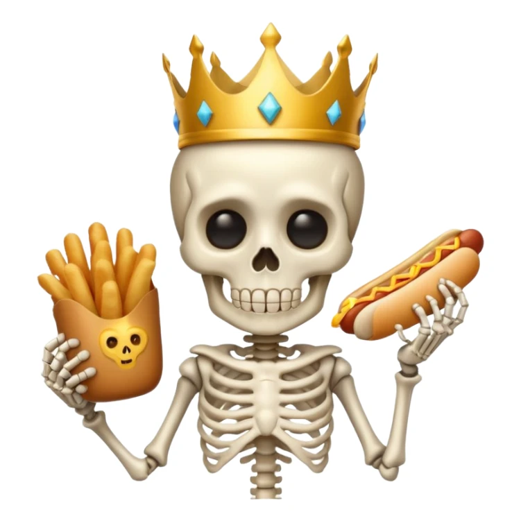 A cute skeleton wearing crown and holding hot dog sticker