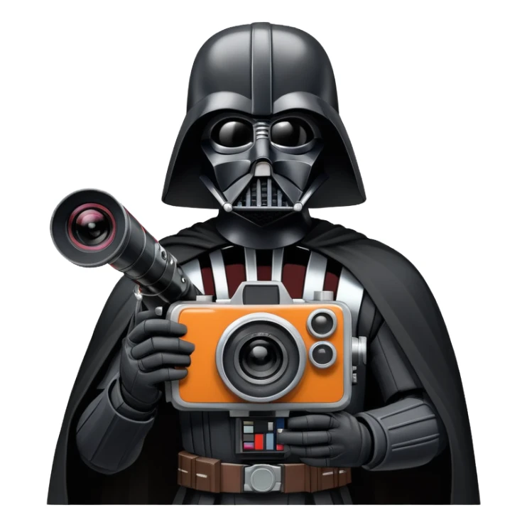 A cel-shaded illustration in the style of Borderlands, featuring Darth Vader holding a retro film camera instead of a lightsaber. Use bright, high contrast and bold outlines. No background, transparent. sticker