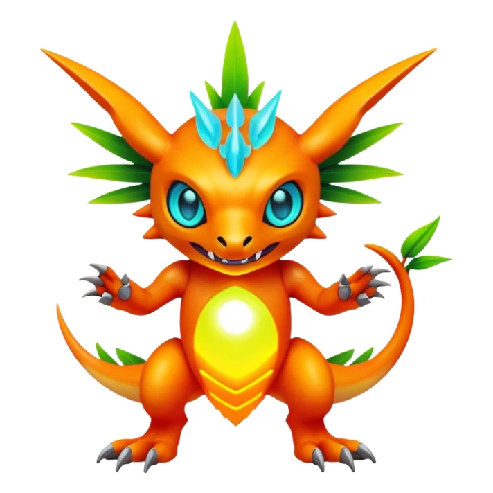 Tropical futuristic lush warm-colored neon Fakémon-Digimon-creature sticker