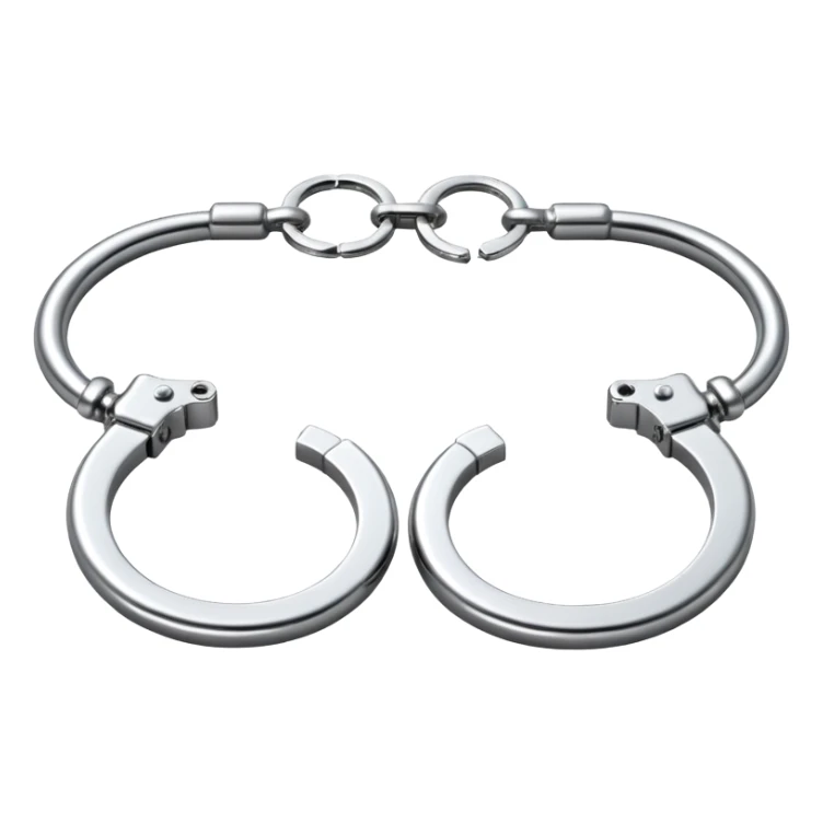 A pair of elegant handcuffs emoji made of silver chrome, smooth rounded design, glossy metallic reflections, luxury fetish aesthetic, minimal iOS emoji style, centered, clean white background sticker